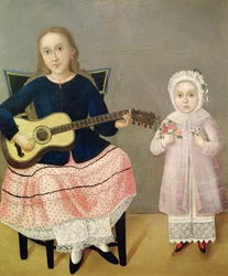 Ung flicka med en gitarr och ett barn med en bukett